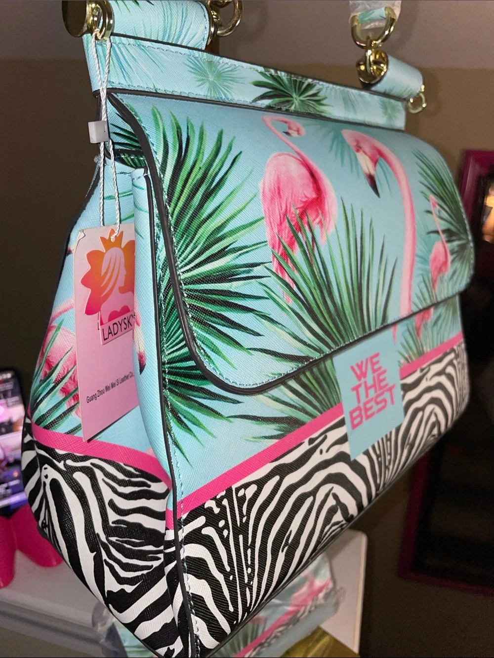 Flamingo Print Satchel - Mint Pink